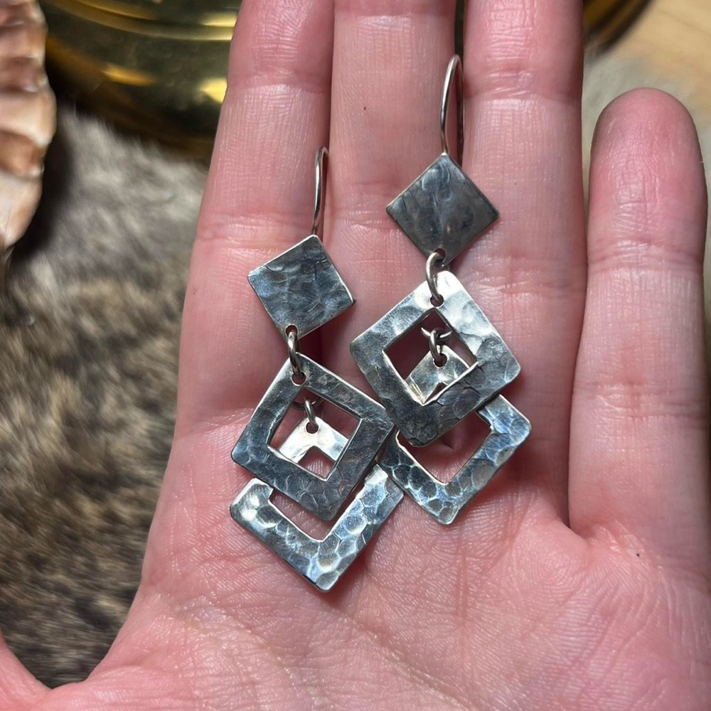 Very Solid Hammered Open Square Drop Earrings - image 1